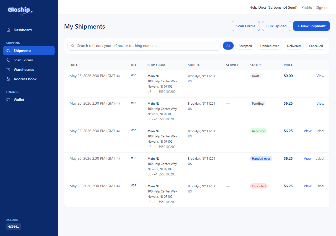 Cancel Shipment confirmation modal with optional reason field