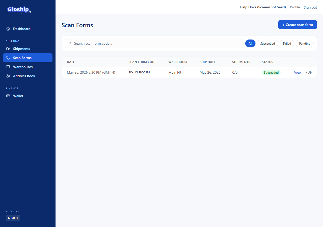 Scan Forms index page listing prior scan forms with code, ship date, and status
