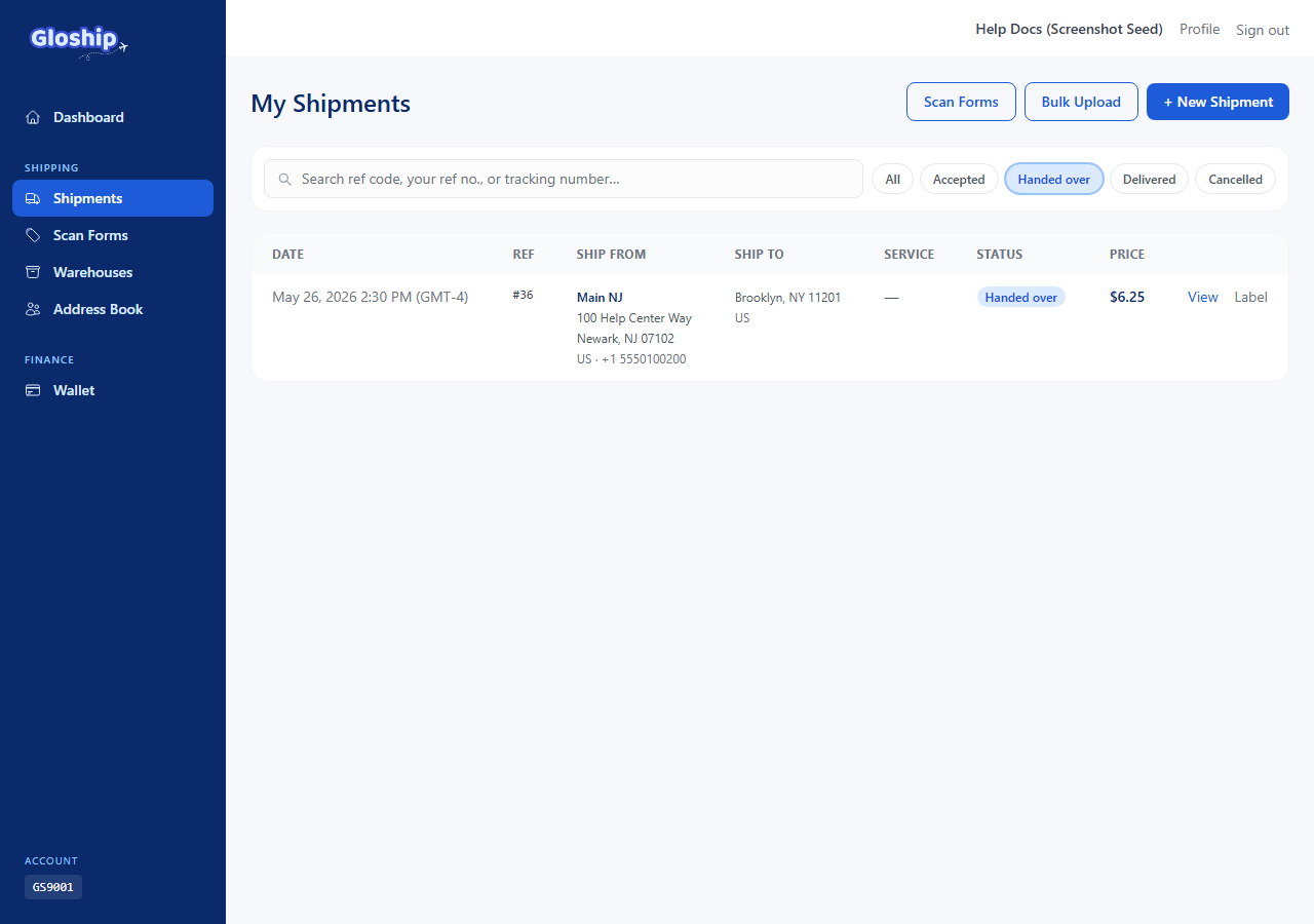 Shipments list filtered to Manifested status