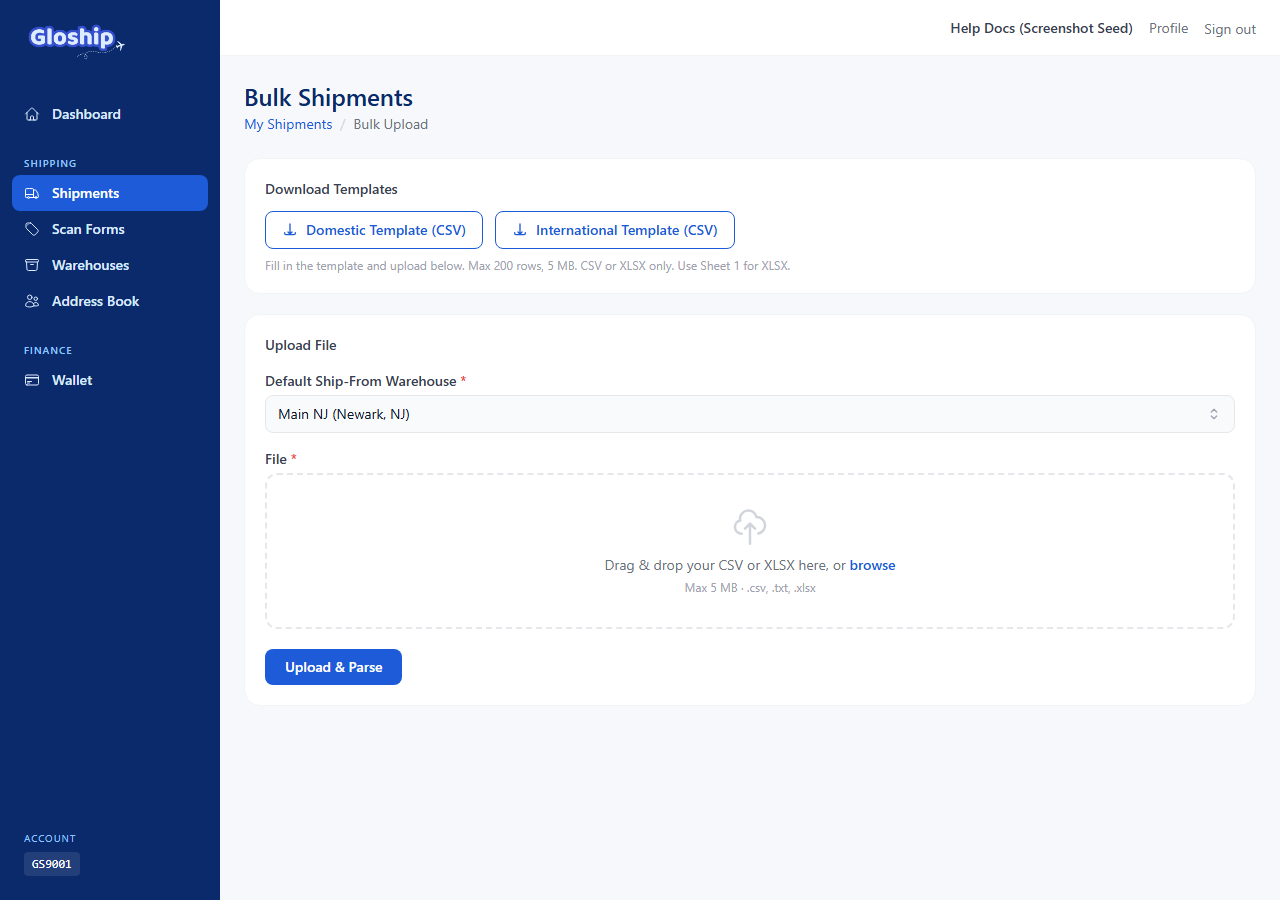 Purchased bulk batch with Download labels PDF and Export buttons