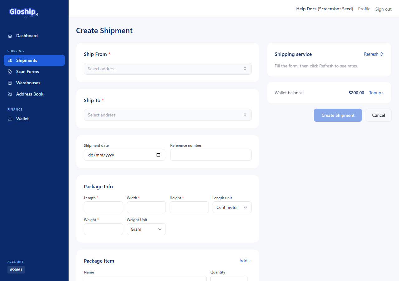 Create Shipment confirmation with the picked service highlighted and a buy button