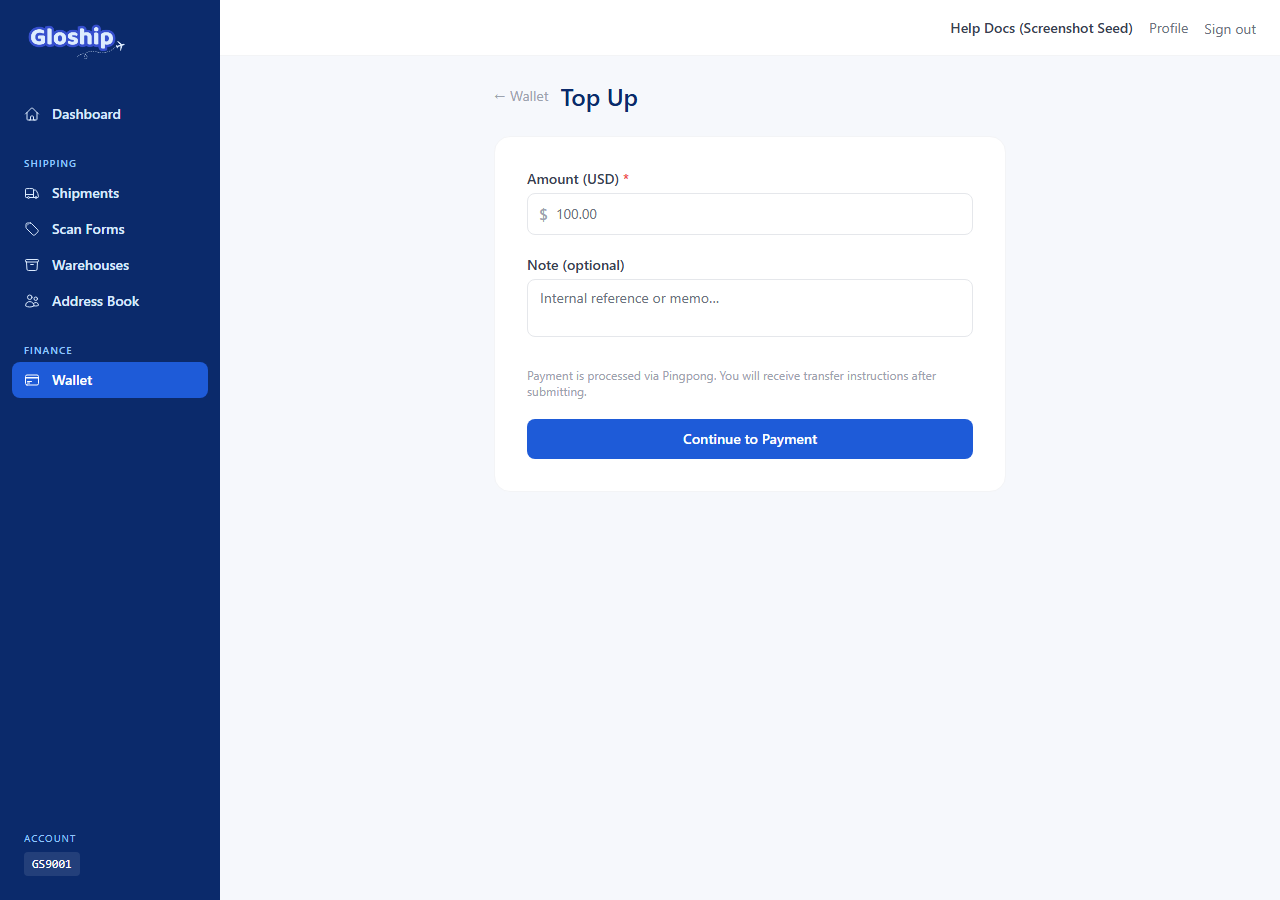 Payment Instructions page showing the Pingpong account, reference code, and amount