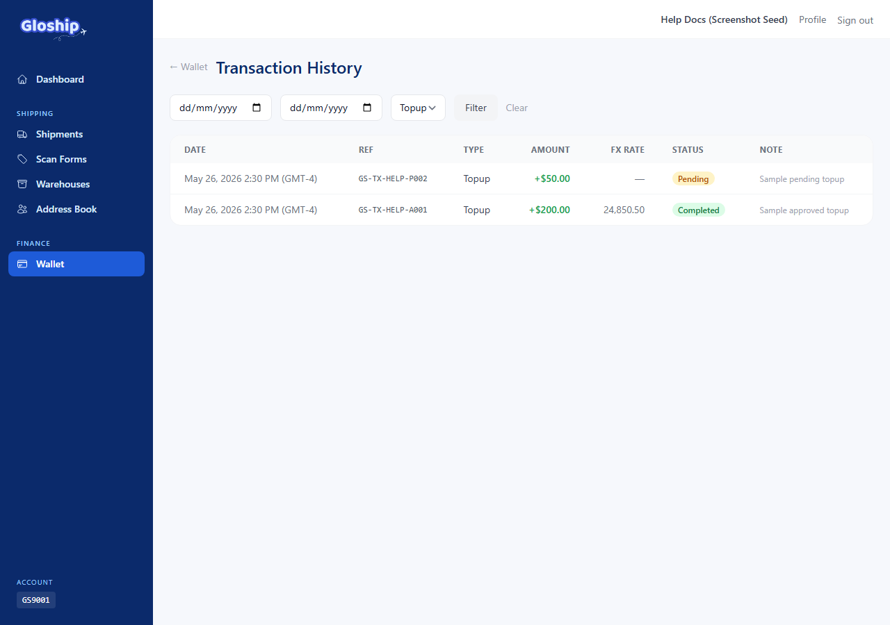 Transactions page with type and status filters applied